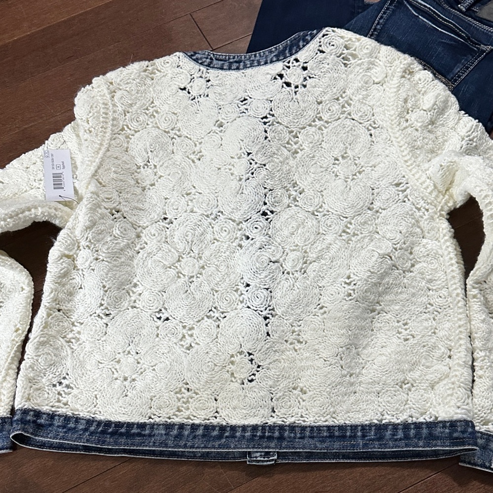 Sz M🇨🇦⭐️NWT Tribal Crochet Lace Denim-Trim Jacket - Picture 6 of 13